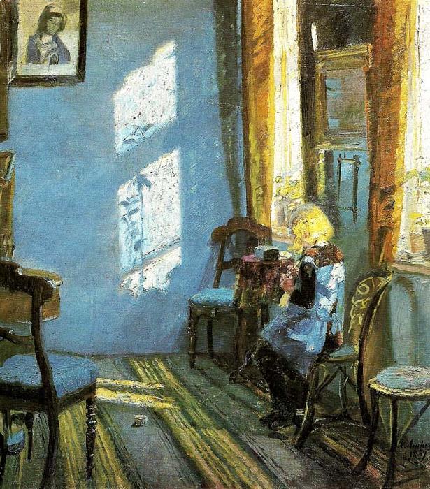 Anna Ancher solskin i den bla stue, helga ancher hakler ibedstemoderens stue Norge oil painting art